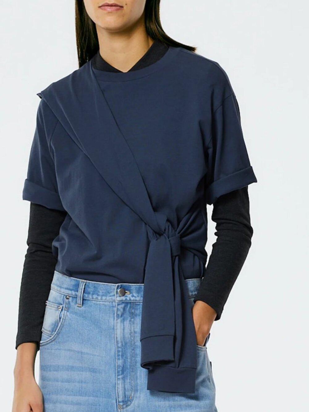 Tibi Tie T-Shirt Navy Fog Size Large